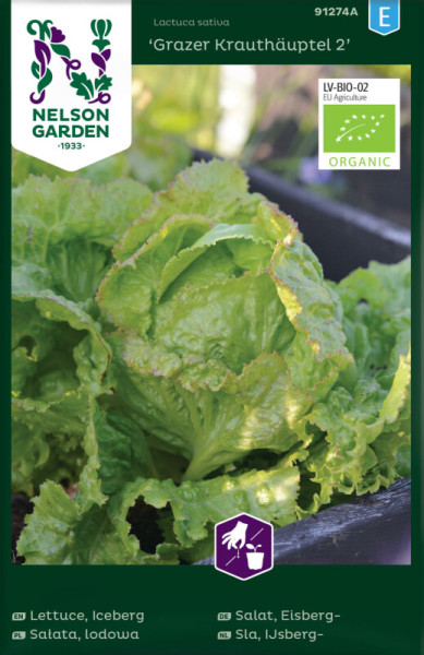 Produktbild von Nelson Garden BIO Eisberg-Salat Grazer Krauthäuptel2 mit saftig grünen Salatblättern und Verpackungsdesign mit Bio-Siegel und Markenlogo.
