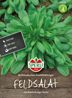 Produktbild von Sperli Feldsalat Holländischer breitblättriger mit Angaben zu Aussaatzeiten und der starkwüchsigen Sorteneigenschaft.