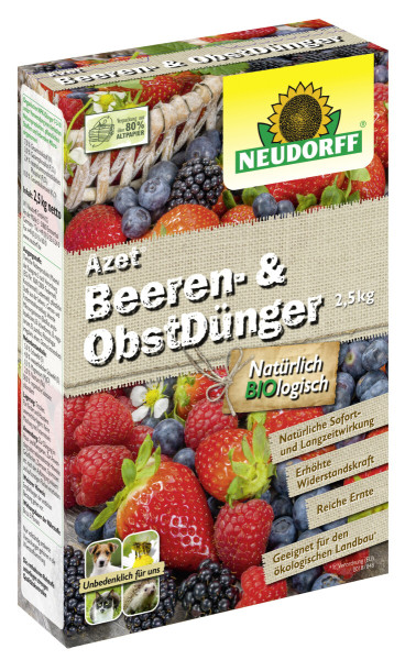 Produktbild von Neudorff Azet Beeren- und ObstDünger 2, 5, kg mit Abbildungen verschiedener Beeren, Hinweisen zur Bio-Qualität und Umweltfreundlichkeit sowie Markenlogo.