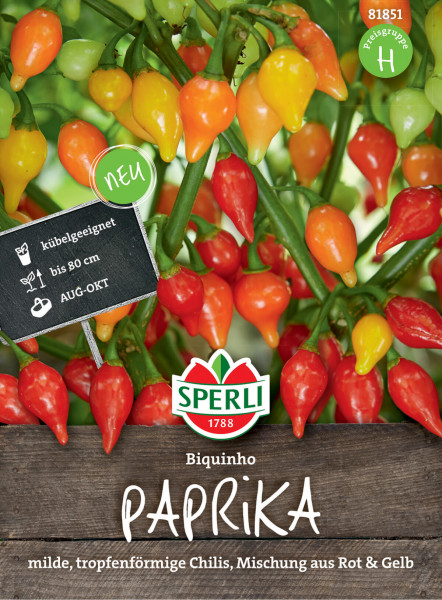 Produktbild von Sperli Paprika Biquinho Samen mit Darstellung der reifen Früchte in Rot und Gelb sowie Produktinformationen auf Deutsch