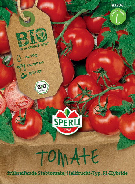 Produktbild von Sperli BIO Stabtomate Hellfrucht F1 mit reifen roten Tomaten und Produktinformationen auf einem Anhänger sowie dem Sperli Logo