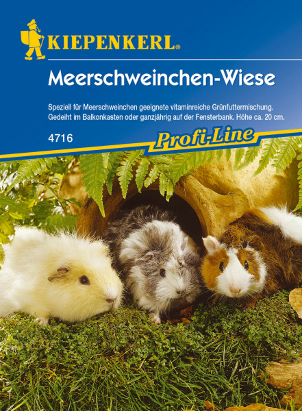 Produktbild von Kiepenkerl Meerschweinchenwiese mit Darstellung der Grünfuttermischung und drei Meerschweinchen vor einem hölzernen Unterschlupf.