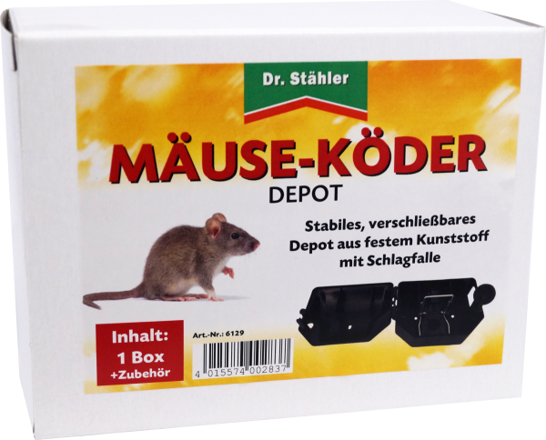 Produktbild von Dr. Stähler Mäuseköder-Depot mit Schlagfalle, Verpackung zeigt eine Maus und den Inhalt, eine Box mit Zubehör und einen Text Stabiles, verschließbares Depot aus festem Kunststoff mit Schlagfalle.