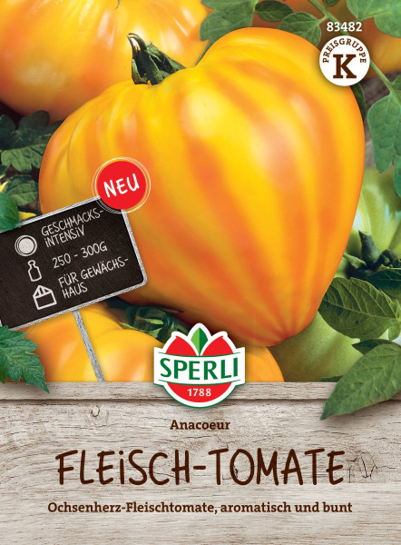 Produktbild von Sperli Fleisch-Tomate Anacoeur mit der Darstellung gelber Tomaten und Informationen zu Geschmack sowie Gewicht als Neuheit gekennzeichnet.