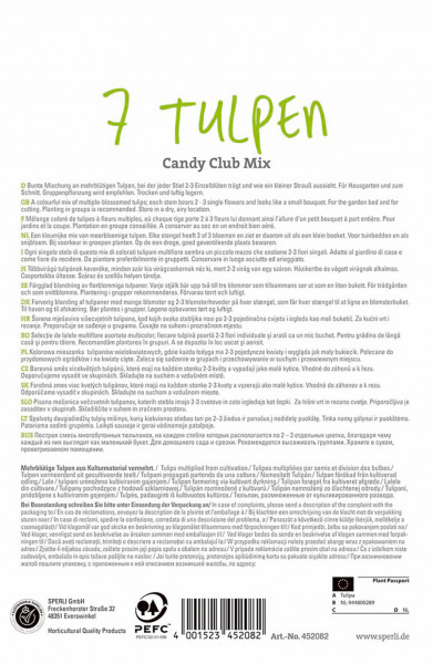 Produktbild von Sperli Premium Einfache Späte Tulpe Candy Club Mix mit Beschreibung und Pflanzanleitung in verschiedenen Sprachen sowie Firmenadresse und PEFC-Zertifizierung.