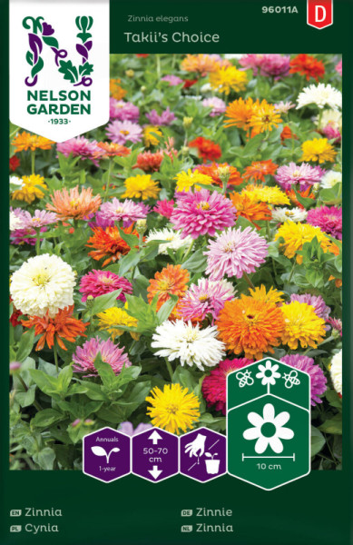 Produktbild von Nelson Garden Zinnie Takiis Choice mit bunten Zinnienblüten und Verpackungsinformationen wie Höhe und Art in deutscher Sprache.
