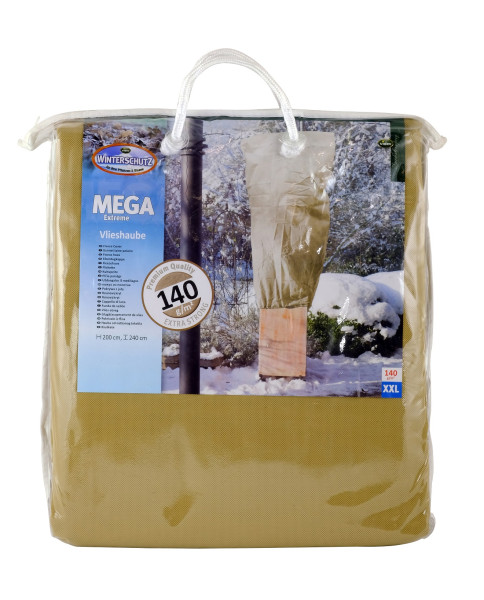 Produktbild von Videx Winterschutz Vlieshaube in der Groesse 240x200 cm verpackt in einer wiederverwendbaren Tasche mit Produktinformationen auf einem Etikett.