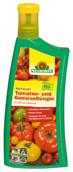 Produktbild von Neudorff BioTrissol Tomaten- und GemueseDuenger in einer 1 Liter Flasche mit Informationen zum schnellen Wachstum und reicher Ernte sowie der Eignung fuer oekologischen Landbau.