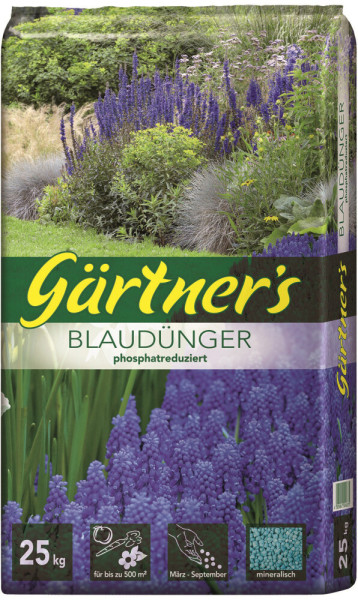 Produktbild von Gärtners Blaudünger 12+6+15+2 phosphatreduziert in einer 25kg Verpackung mit Gartenblumen und Produktinformationen.