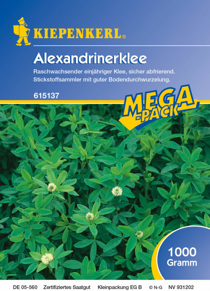Produktbild von Kiepenkerl Alexandrinerklee Verpackung zeigt raschwachsenden einjährigen Klee und Informationen zur Aussaat sowie das Mega-Pack-Siegel mit Angabe des Gewichts von 1000 Gramm.