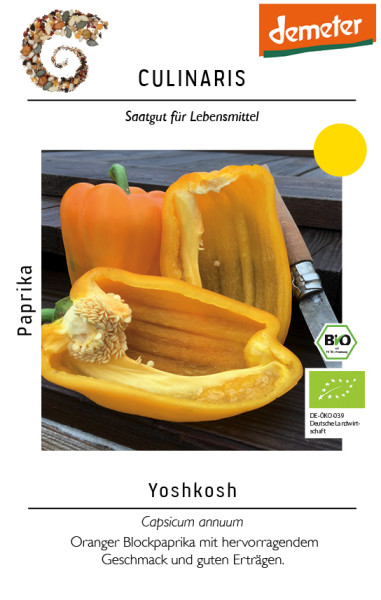 Produktbild des Culinaris BIO Paprika CA71 Yoshkosh Saatguts mit einer aufgeschnittenen orangen Paprika und Informationen zu Sorte und Bio-Zertifizierung.