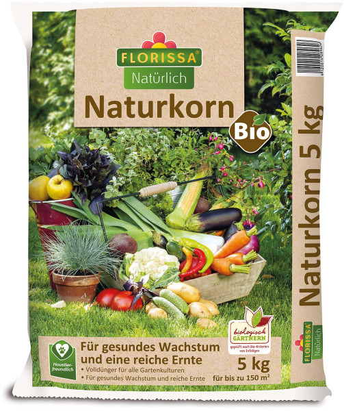 Produktbild von Florissa Naturkorn Bio Dünger 5kg mit Abbildung verschiedener Gemüsesorten und Gartenpflanzen sowie Informationen zum ökologischen Gärtnern und zur Förderung von gesundem Wachstum und reicher Ernte in deutscher Sprache.