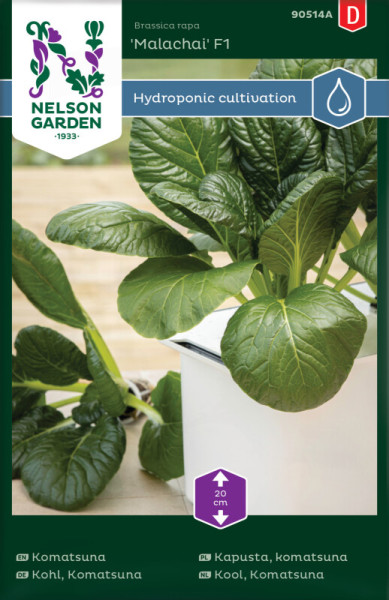 Produktbild von Nelson Garden Komatsuna-Kohl Malachai F1 Hydroponik mit Pflanzen und Verpackungsdesign in mehrsprachiger Beschriftung.