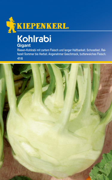 Produktbild von Kiepenkerl Kohlrabi Gigant mit Darstellung der Kohlrabiknollen und Produktinformationen vor blauem Hintergrund.
