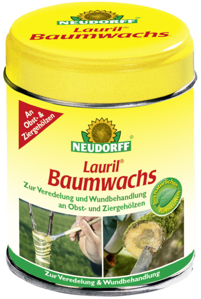 Produktbild von Neudorff Lauril Baumwachs 125g Dose zur Veredelung und Wundbehandlung an Obst und Ziergehölzen mit Anwendungsbeispielen