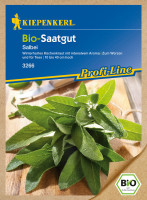 Produktbild von Kiepenkerl BIO Salbei Saatgut Verpackung mit Bild eines Salbeistrauchs und Informationen zum winterharten Küchenkraut in deutscher Sprache. Produktbild von Kiepenkerl BIO Salbei Saatgut Verpackung mit Bild eines Salbeistrauchs und Informationen zum winterharten Küchenkraut in deutscher Sprache.