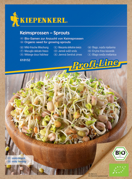 Produktbild von Kiepenkerl BIO Keimsprossen Mild-frische Mischung mit Sprossen in einer Holzschale und Verpackungsdetails auf Deutsch und weiteren Sprachen.