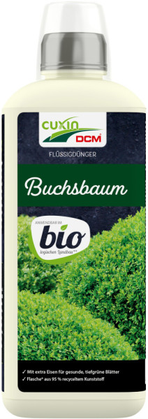 Produktbild von Cuxin DCM Flüssigdünger für Buchsbaum BIO in einer 0, 8, l Flasche mit Hinweisen zu biologischem Landbau und zusätzlichem Eisengehalt für tiefgrüne Blätter.