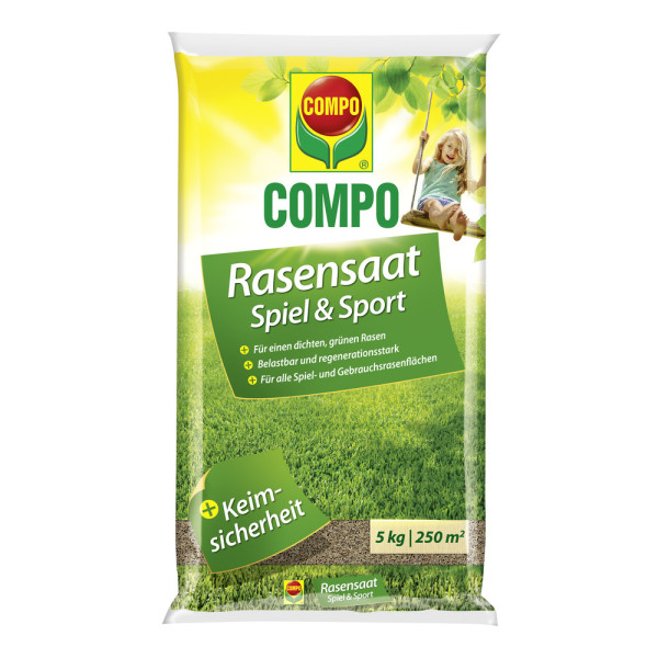 Produktbild von COMPO Rasensamen Spiel und Sport 5kg mit Verpackung, Qualitätsversprechen und Angaben zur Flächenabdeckung, im Hintergrund ein Kind auf einer Schaukel und eine grüne Rasenfläche.