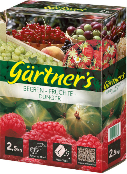 Produktbild von Gärtners Beeren-Früchte-Dünger Verpackung mit Darstellung verschiedener Beeren und Produktdetails auf Deutsch.