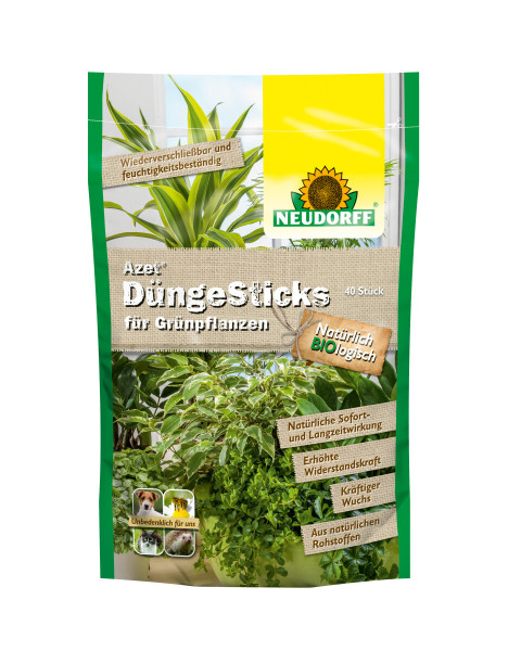 Produktbild von Neudorff Azet DuengeSticks fuer Gruenpflanzen 40 Sticks mit Markenlogo und Bildern von Pflanzen sowie Hinweisen zu den Produkteigenschaften in deutscher Sprache.
