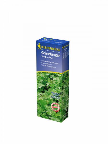 Produktbild von Kiepenkerl Tempo-Grün 0, 5, kg Rasensaatgut Verpackung mit Hinweisen auf schnelle Bodenbedeckung und Bodenlockerung in deutscher Sprache.