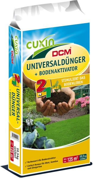 Produktbild von Cuxin DCM Universaldünger plus Bodenaktivator Granulat in einer 10, 5, kg Packung mit Hinweisen zur Verbesserung der Bodenstruktur und Förderung des Bodenlebens.