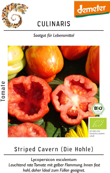 Produktbild von Culinaris BIO Fülltomate Striped Cavern mit leuchtend roten Tomaten die innen hohl sind und Textinformationen zu Bioprodukt und Eignung zum Füllen.