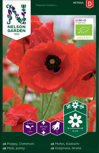Produktbild von Nelson Garden BIO Klatschmohn Verpackung mit Abbildungen von roten Klatschmohnblüten und Informationen zu biologischem Anbau, Wuchshöhe und Blütengröße in deutscher Sprache.