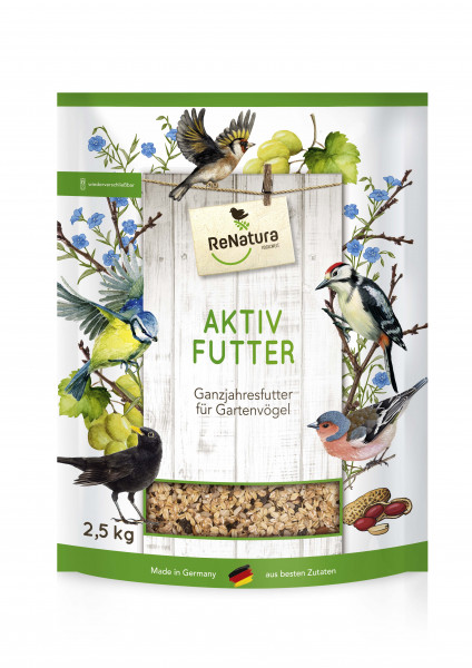 Produktbild von ReNatura Aktiv-Futter Verpackung mit Abbildungen von Gartenvoegeln und Angaben zu Gewicht und Herkunft in deutscher Sprache.