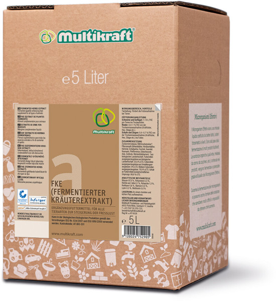Produktbild von Multikraft FKE Fermentierter Kräuterextrakt in einem 5-Liter-Karton mit Logo, Produktinformationen und Anwendungshinweisen in deutscher Sprache.