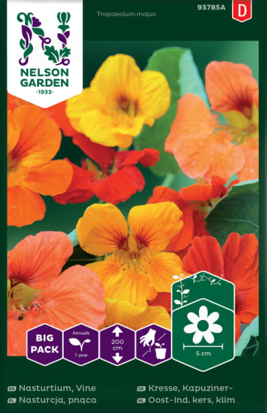 Produktverpackung von Nelson Garden Kapuzinerkresse Big Pack mit Abbildungen der bunten Blüten und Angaben zu Pflanzeigenschaften und Anbauhinweisen