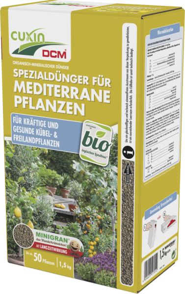 Produktbild von Cuxin DCM Spezialdünger für Mediterrane Pflanzen Minigran in einer 1, 5, kg Streuschachtel mit Informationen zur Langzeitwirkung und Darstellung verschiedener Pflanzen auf der Verpackung.