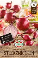 Produktbild von Sperli Rote Steckzwiebel Red Ray F1 mit Darstellung der Zwiebelknollen und Verpackungsinformationen über Anbauzeitraum und Produkteigenschaften Produktbild von Sperli Rote Steckzwiebel Red Ray F1 mit Darstellung der Zwiebelknollen und Verpackungsinformationen über Anbauzeitraum und Produkteigenschaften