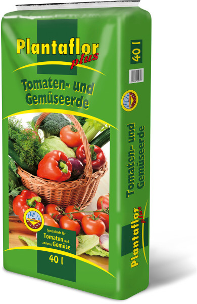 Produktbild von Plantaflor Tomaten- und Gemüseerde in einer grünen 40-Liter-Packung mit Abbildung eines Korbs voller Gemüse auf der Vorderseite.