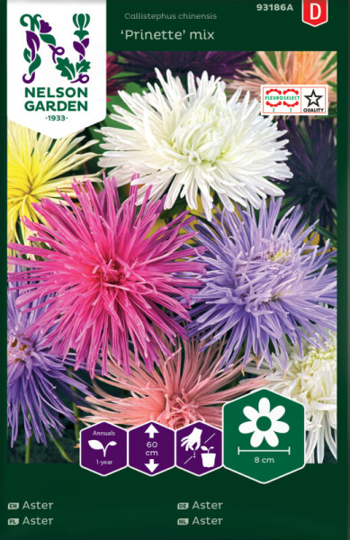 Produktbild von Nelson Garden Prinzess-Aster Prinette mix mit bunten Astern in verschiedenen Farben und Informationen zu Pflanzeneigenschaften in deutscher Sprache.