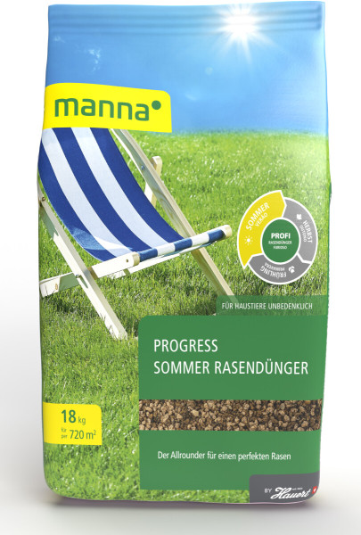 Produktbild des MANNA Progress Sommer Rasenduenger 18kg Verpackung mit Liegestuhl im Hintergrund und Informationen zur Rasenpflege im Vordergrund
