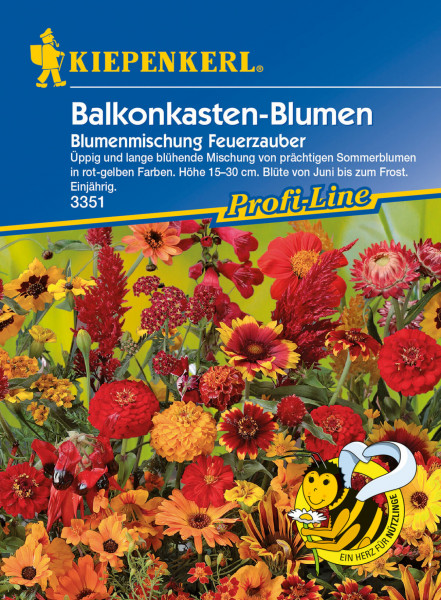 Produktbild von Kiepenkerl Blumenmischung Feuerzauber mit Darstellung verschiedener rot-gelber Sommerblumen und Informationen zur Pflanzenhöhe sowie Blütezeit auf der Verpackung.