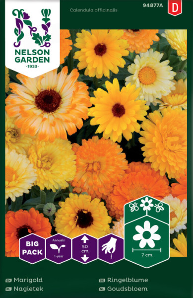 Produktbild von Nelson Garden Ringelblume Big Pack mit Abbildungen verschiedener orange und gelber Blüten und Angaben zu Pflanzeneigenschaften in deutscher Sprache.