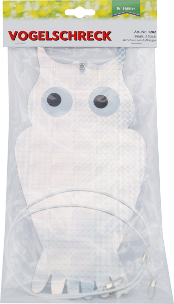 Produktbild Dr. Staehler Vogelschreck in Form einer Eule mit zwei reflektierenden Augen und Schnur zum Aufhängen in Verpackung.