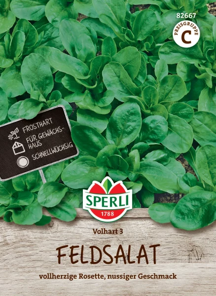 Produktbild von Sperli Feldsalat Volhart 3 mit Pflanzenansicht, Preisschild und Markenlogo, Informationen zur Frosthärte und Wuchscharakteristik auf Deutsch.
