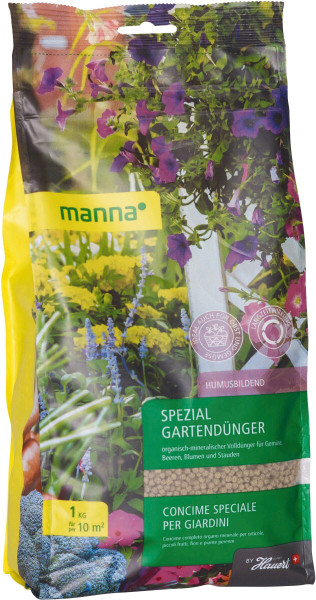 Produktbild von MANNA Spezial Gartendünger in 1kg Verpackung mit Abbildungen von Pflanzen und Informationen zu Anwendung und Inhaltsstoffen in deutscher Sprache.