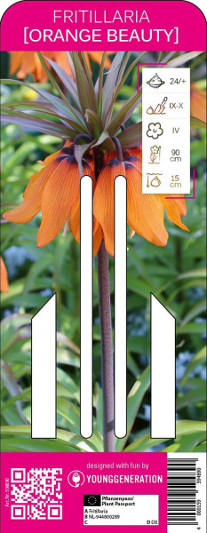 Produktbild von Sperli Young Generation Kaiserkrone Orange Beauty mit Darstellung der orangefarbenen Blüten, Pflanzanleitungssymbolen und Barcode im unteren Bereich.