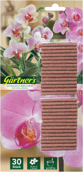 Produktbild von Gärtners Düngestäbchen für Orchideen in einer Verpackung mit 30 Stück und Angaben zur Anwendungsdauer sowie ganzjähriger Nutzbarkeit vor einem Hintergrund mit Orchideenblüten.