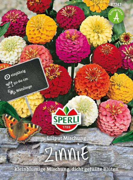 Produktbild der Sperli Zinnie Liliput Mischung mit einer bunten Auswahl kleiner, dicht gefüllter Blüten verschiedener Farben, Verpackungsinformationen und einem Schmetterling auf Steinuntergrund.