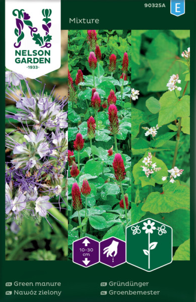 Produktbild von Nelson Garden Gründünger Mix mit Abbildungen verschiedener Pflanzen und Symbolen für Anwendungshinweise sowie Mehrsprachigkeit.