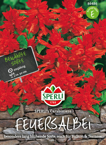 Produktbild von Sperli Feuersalbei Carabiniere Saatgutverpackung mit einem Bild von blühenden roten Pflanzen und Informationen zur Sorte auf Deutsch.