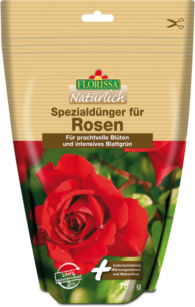 Produktbild von Florissa Natur Spezialdünger für Rosen 750g Verpackung mit Bild einer roten Rose und Hinweisen auf natürliche Inhaltsstoffe.