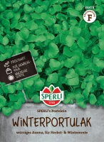 Produktbild von Sperli Winterportulak SPERLIs Postelein mit einer Abbildung der gruenen Pflanzen und Details zu frostharter Eigenschaft sowie Informationen...