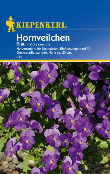 Produktbild von Kiepenkerl Hornveilchen Blau mit Abbildung der blühenden Pflanzen und Informationen zur Eignung für Steingärten und Gruppenpflanzungen in deutscher Sprache.